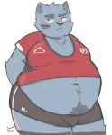  2022 absurd_res anthro belly big_belly blush bottomwear canid canine clothing hi_res jamiephut kemono male mammal obese obese_male overweight overweight_male shirt shorts solo sport topwear 