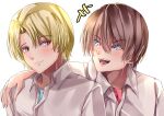  2boys absurdres blonde_hair blue_eyes brown_hair closed_mouth collared_shirt dress_shirt eyebrows_visible_through_hair hair_between_eyes hand_on_another&#039;s_shoulder highres higurashi_no_naku_koro_ni houjou_satoshi looking_at_another maboroshi_mochi maebara_keiichi multiple_boys open_mouth red_eyes shirt simple_background teeth upper_body upper_teeth white_background white_shirt 