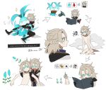  2boys albedo_(genshin_impact) alchemy aqua_eyes aqua_flower arrow_(symbol) bangs black_gloves book clone closed_mouth coat commentary_request dual_persona flower genshin_impact gloves grey_hair highres holding holding_book hood hood_down hooded_coat male_focus multiple_boys nude open_mouth parted_lips simple_background sitting sweat ta_ma_on translation_request twitter_username vial white_background whopperflower_(genshin_impact) 