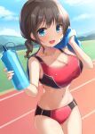  1girl ass_visible_through_thighs bare_shoulders black_be_chicken blue_eyes blue_sky bottle breasts brown_hair buruma cameltoe collarbone cowboy_shot day highres holding holding_towel large_breasts looking_at_viewer navel open_mouth original outdoors short_twintails sky smile solo sports_bikini sweat thigh_gap towel track_and_field twintails water_bottle 