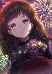  1girl bangs black_kimono breasts brown_hair commentary_request dutch_angle eyebrows_visible_through_hair fireworks floral_print grin japanese_clothes kimono looking_at_viewer matsunashi_noe medium_hair night night_sky original red_sash sash sky small_breasts smile solo yukata 