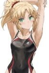  1girl bangs black_swimsuit blonde_hair braid breasts fate/apocrypha fate_(series) french_braid green_eyes long_hair looking_at_viewer mordred_(fate) mordred_(fate/apocrypha) one-piece_swimsuit parted_bangs ponytail revision sidelocks small_breasts solo swimsuit tonee 