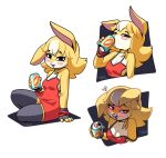  anthro beverage black_eyes blush blush_stickers bracelet breasts buckteeth canned_drink carrot_juice cleavage clothed clothing collar dress female fingerless_gloves fur gloves handwear hi_res jewelry lagomorph leporid looking_at_viewer loose_strap mammal maryx_(senorkah) pointy_hair rabbit red_bracelet red_clothing red_dress senorkah side_boob sipping skunk_stripe solo teeth thigh_thighs tipsy yellow_body yellow_fur 