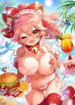  1girl animal_ear_fluff animal_ears animal_hands apple_caramel bell bikini blush breasts cat_paws character_name cleavage collar day eyebrows_visible_through_hair fang fate/grand_order fate_(series) fox_ears fox_girl gloves hair_ribbon heart highres jingle_bell large_breasts long_hair looking_at_viewer nature neck_bell one_eye_closed outdoors paw_gloves pink_hair ponytail red_ribbon ribbon side-tie_bikini skin_fang solo swimsuit tamamo_(fate) tamamo_cat_(fate) yellow_eyes 