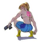  alternate_costume bikini bikini_top_only blonde_hair blue_eyes cel_shading full_body gun handgun high_heels long_hair looking_at_viewer looking_back muscular muscular_female non-web_source ohnips pistol ponytail samus_aran simple_background squatting swimsuit trigger_discipline weapon white_background zero_suit 