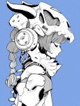  1girl acky_bright blue_background braid closed_eyes fangs freckles french_braid headgear highres horns mecha_musume monochrome numbered original profile simple_background skull spine teeth wiring 