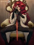  1girl armchair between_breasts black_bodysuit bluethebone bodysuit breasts cape chair english_commentary eyebrows eyewear_on_head feet_out_of_frame fur_cape hair_over_one_eye highres indoors kirijou_mitsuru large_breasts long_hair looking_at_viewer persona persona_3 red-tinted_eyewear red_eyes red_hair sitting solo spread_legs striped_wall sword tinted_eyewear weapon 