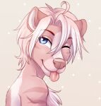  2022 anthro blep blue_eyes eyebrows eyelashes female fur hair headshot_portrait mammal mephitid pink_body pink_fur pink_hair portrait simple_background skunk smile solo thecatnamedfish tongue tongue_out 