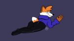 anthro big_butt black_nose bottomwear butt canid canine clothing dipstick_tail fox hand_gesture hi_res hoodie looking_at_viewer lying male mammal markings on_front orange_body pants simple_background smug solo soups_(superiorfox) tail_markings topwear 
