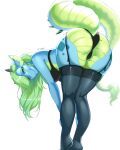  anthro bent_over bovid_horn bra breasts campfire_(buttocher) caprine_horn clothed clothing digital_media_(artwork) dragon female goat_horn green_eyes green_hair hair hi_res horn lanhai legwear lingerie long_hair looking_at_viewer multicolored_hair non-mammal_breasts panties scalie simple_background smile solo solo_focus stockings underwear white_background wingless_dragon 