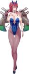  1girl alternate_costume animal_ears ass_visible_through_thighs asymmetrical_hair azur_lane bare_shoulders black_footwear blue_hairband blue_leotard blush breast_suppress breasts cameltoe cleavage closed_mouth commentary covered_navel covered_nipples crossed_legs detached_collar embarrassed fake_animal_ears fishnet_legwear fishnets full_body hair_between_eyes hairband high_heels highleg highleg_leotard huge_breasts ishizu_kayu italian_flag leotard long_hair looking_at_viewer orange_eyes pantyhose playboy_bunny rabbit_ears red_hair rigging side_ponytail sidelocks simple_background solo standing sweatdrop thigh_gap turret white_background wing_collar wrist_cuffs zara_(azur_lane) 
