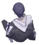  1boy 6tnut9 commentary_request from_above from_behind hood hooded_shirt hoodie jacket jewelry kenmochi_touya looking_away lowres necklace nijisanji purple_hair shirt short_hair simple_background solo virtual_youtuber white_background white_shirt 
