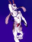  anthro antlers chastity_cage chastity_device horn jackalope lagomorph leash long_ears lying male mammal on_back pinkpalmingo solo spots 