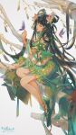  1girl baiguio_(zhu_xian) brown_hair closed_eyes dress flower green_dress hair_ornament hair_rings highres keikoku_(kujira) long_hair sitting smile tree weibo_id zhu_xian 