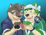  &lt;3 anthro bandanna canid canine canis domestic_dog duo eyebrows fur gesture green_body green_fur grey_body grey_fur hand_heart headphones headphones_around_neck kerchief lifewonders live-a-hero male male/male mammal mokdai moritaka nothregal pawpads scar thick_eyebrows tokyo_afterschool_summoners video_games 