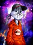  baseball_cap bugs_bunny cartoon_network clothing cosmic_background hat headgear headwear hi_res hoodie looney_tunes male orange_hoodie piercing solo squatinacaprium topwear warner_brothers 