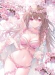  1girl blush bra braid breasts cherry_blossoms cleavage clothing_cutout cowboy_shot duplicate earrings floral_print flower flower_earrings flower_trim hair_flower hair_ornament head_wreath highres jewelry lace-trimmed_bra lace-trimmed_panties lace_trim light_brown_hair lingerie long_hair looking_at_viewer miwabe_sakura navel_cutout original panties pink_bra pink_eyes pink_hair pink_nails pink_panties pixel-perfect_duplicate shawl single_braid solo underwear white_shawl 