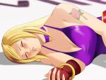  1girl a-ru_(dn1217) bare_shoulders belt blonde_hair breasts choker cleavage closed_mouth defeat dress fatal_fury fingerless_gloves flower_tattoo garou:_mark_of_the_wolves gloves highres jenet_behrn large_breasts long_hair parted_lips purple_choker purple_dress red_gloves ringlets ryona solo sweat the_king_of_fighters the_king_of_fighters_xv unconscious 