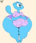  anthro big_breasts blue_body blue_eyes bottomwear breasts cartoon_network clothing cutoffs denim denim_clothing domestic_cat felid feline felis female hands_together huge_breasts huge_thighs hyper hyper_thighs mammal neom-daddy nicole_watterson shirt shorts solo the_amazing_world_of_gumball thick_thighs topwear 