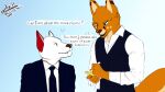  anthro arkdoggo arkdoggo_(character) berger_blanc_suisse black_clothing blue_eyes brown_nose buss_boy canid canine canis clothing dialogue domestic_dog duo fox fur happy herding_dog hi_res humanoid_hands jake_(arkdoggo) male male/male mammal meme necktie notebook orange_body orange_fur pastoral_dog pen profesional_attire pupils red_ears restaurant serving slit_pupils suit tail tan_body tan_fur teeth_showing towel towel_on_arm white_body white_clothing white_fur writing_(disambiguation) 
