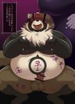  anthro balls begging begging_pose belly bodily_fluids body_writing canid canine crouching drooling duo erection genitals hi_res hisashiyo_0705 japanese_text lifewonders live-a-hero male male/male mammal overweight overweight_male penis penis_on_face pose raccoon_dog saliva shoen tanuki text video_games 