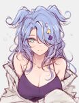  1girl black_camisole blue_eyes blue_hair breasts camisole collarbone elira_pendora english_commentary frown grey_background grey_sweater hair_over_one_eye head_wings highres kmmkn large_breasts messy_hair mole nijisanji nijisanji_en off_shoulder one_eye_covered portrait sketch solo sweater virtual_youtuber 