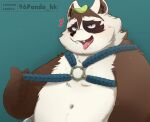  &lt;3 2022 96panda afk_arena anthro belly big_belly black_nose blue_background brown_body hi_res humanoid_hands kemono leaf male mammal navel overweight overweight_male procyonid raccoon raku_(afk_arena) simple_background solo tongue tongue_out white_body 