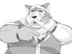  2022 absurd_res anthro belly big_belly blush canid canine canis clothing domestic_dog hi_res hoodie humanoid_hands kemono lifewonders live-a-hero male mammal mokdai overweight overweight_male simple_background solo sv_grart topwear video_games white_background 