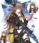  2girls black_jacket black_legwear brown_hair girls&#039;_frontline gloves gun h&amp;k_ump45 highres holding holding_weapon jacket mechanical_arms mod3_(girls&#039;_frontline) multiple_girls numazume orange_hair scar scar_across_eye scar_on_face shirt single_mechanical_arm skirt submachine_gun twintails ump45_(girls&#039;_frontline) ump9_(girls&#039;_frontline) weapon white_shirt yellow_eyes 