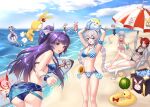  6+girls :d animal_ears ball barefoot beach beach_chair beach_umbrella beachball bikini black_bikini blue_bikini blue_eyes blue_sky breasts bronya_zaychik closed_mouth cloud cloudy_sky crystal floating food fox_ears fruit fu_hua full_body highres higokumaru holding holding_food homu_(honkai_impact) honkai_(series) honkai_impact_3rd innertube kallen_kaslana kiana_kaslana long_hair looking_at_viewer looking_back loot_box multiple_girls murata_himeko one-piece_swimsuit open_mouth ponytail purple_eyes purple_hair raiden_mei sand sitting sky smile summer summer_uniform swimsuit theresa_apocalypse toes turna98 umbrella water watermelon waves white_hair yae_sakura 