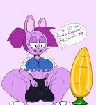  anthro big_breasts bottomwear breasts buckteeth bunny_enid camel_toe carrot_dildo cartoon_network clothing crouching dildo english_text enid_(ok_k.o.!_lbh) erect_nipples female hair half-closed_eyes hi_res lagomorph leporid mammal midriff narrowed_eyes neom-daddy nipple_outline nipples ok_k.o.!_let&#039;s_be_heroes open_mouth purple_body purple_hair rabbit sex_toy shirt shorts solo speech_bubble teeth text thick_thighs thong topwear underwear whiskers 