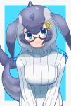  1girl blowhole blue_hair blue_whale_(kemono_friends) blush cetacean_tail commentary_request eko_enaaaa eyebrows_visible_through_hair grey_hair highres kemono_friends long_hair long_sleeves looking_at_viewer multicolored_hair semi-rimless_eyewear smile solo sweater turtleneck turtleneck_sweater whale_girl white_hair white_sweater 