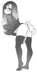  1boy ass blush dildo full_body greyscale heart highres itsukarine leaning_forward long_hair long_sleeves looking_back male_focus monochrome no_shoes original otoko_no_ko penis sex_toy simple_background solo standing sweat testicles thighhighs uncensored white_background 