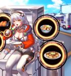  2girls anger_vein angry blue_sky bodysuit braid breasts cleavage cloud cloudy_sky dango eating food food_focus highres holding holding_food holding_plate honkai_(series) honkai_impact_3rd jacket kiana_kaslana kiana_kaslana_(herrscher_of_the_void) kiana_kaslana_(white_comet) long_hair long_sleeves multiple_girls open_mouth outdoors pantyhose plate ponytail purple_eyes raiden_mei raiden_mei_(crimson_impulse) sitting sky thighhighs turna98 twin_braids wagashi white_bodysuit white_hair white_jacket yellow_eyes 