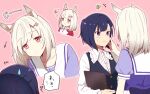 !? 2girls ^^^ animal_ears ayame_iro_(toumei_dolce) bangs black_vest blue_hair bug butterfly clipboard closed_mouth collared_shirt gradient_hair grey_hair hair_ornament hairclip hand_on_another&#039;s_cheek hand_on_another&#039;s_face happy_meek_(umamusume) highres horse_ears jacket kiryuuin_aoi leaning_to_the_side long_sleeves looking_at_another motion_lines multicolored_hair multiple_girls multiple_views pink_background pink_eyes puffy_short_sleeves puffy_sleeves purple_eyes sailor_collar school_uniform shirt short_hair short_sleeves smile speech_bubble sweat sweatdrop symbol-only_commentary tracen_school_uniform track_jacket umamusume upper_body vest white_shirt 