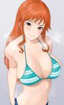  :&gt; bare_shoulders bikini bikini_top_only blush breasts cleavage closed_mouth denim earrings from_above halter_top halterneck hand_on_hip head_tilt jewelry large_breasts long_hair looking_at_viewer nami_(one_piece) navel one_piece orange_eyes orange_hair pants rinrin_(user_tvcf4347) sidelocks skindentation smile striped striped_bikini sweat swimsuit tsurime upper_body 