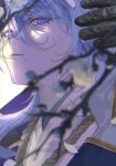  1boy absurdres bangs black_gloves blue_hair blurry blurry_foreground branch bud closed_mouth commentary_request flower genshin_impact gloves hair_between_eyes highres japanese_clothes kamisato_ayato kitsunekotori male_focus mole mole_under_mouth petals portrait purple_eyes simple_background solo white_background white_flower 