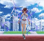  1girl action artist_request bare_arms bare_shoulders black_sclera blue_sky brown_hair building cloud cloudy_sky colored_sclera day electricity electrokinesis esper expressionless fantasy full_body grass gym_shirt gym_shorts gym_uniform horns midriff misaka_mikoto misaka_mikoto_level_6_shift outdoors psychic science_fiction shirt shorts sky sleeveless sleeveless_shirt solo stomach thighs toaru_kagaku_no_railgun toaru_majutsu_no_index wall white_eyes white_shirt white_shorts wind_turbine windmill window 