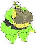  anthro areola belly big_breasts biped blue_eyes bottomwear breasts clothed clothing curvy_figure dragon female fully_clothed green_body hair hi_res huge_breasts lucy_(starknight321) midriff nipple_outline nipples obese obese_anthro obese_female overweight overweight_anthro overweight_female simple_background skirt solo standing thick_thighs translucent translucent_clothing vdisco voluptuous white_background white_hair wide_hips yellow_body 
