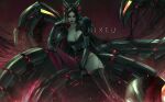  1girl absurdly_long_hair ahri_(league_of_legends) alternate_costume alternate_hairstyle artist_name black_hair blonde_hair breasts cleavage collarbone commentary cyborg english_commentary expressionless film_grain hand_on_own_cheek hand_on_own_face hand_up latex latex_legwear league_of_legends long_hair looking_at_viewer mechanical_arms mechanical_ears mechanical_legs mechanical_parts mechanical_tail medium_breasts messy_hair mixed-language_commentary mole mole_above_mouth mole_on_breast multicolored_hair multiple_tails nixeu prosthesis single_mechanical_leg single_thighhigh sitting solo streaked_hair tail thighhighs very_long_hair zettai_ryouiki 