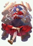  1girl :d black_skirt blue_eyes blue_hair eyebrows_behind_hair full_body grey_background hair_ornament highres interlocked_fingers leaf leaf_hair_ornament long_sleeves looking_at_viewer maple_leaf masakichi_(mmw) official_art onbashira open_mouth own_hands_together pillar puffy_short_sleeves puffy_sleeves red_shirt sandals shide shirt short_hair short_sleeves simple_background skirt smile solo strange_creators_of_outer_world teeth third-party_source toenails touhou upper_teeth white_sleeves yasaka_kanako 