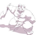  2022 anthro axe belly big_belly bottomwear bovid bovine cattle clothing facial_piercing hi_res kemono loincloth male mammal melee_weapon moobs nose_piercing nose_ring overweight overweight_male piercing simple_background solo suishou0602 weapon white_background 