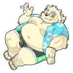  2022 anthro belly big_belly black_nose blush bottomwear can clothed clothing container footwear humanoid_hands kemono leib_(tas) lifewonders male mammal moobs navel nipples open_clothing open_shirt open_topwear overweight overweight_male polar_bear sandals shirt shorts solo tokyo_afterschool_summoners topwear ursid ursine video_games yuuuki_desu 