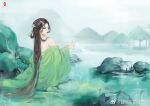  1girl baiguio_(zhu_xian) bare_back bi_yao_jiade_kepu_jiang black_hair dress fish flower green_dress highres long_hair mature_female mountain rock water weibo_id wet wet_clothes zhu_xian 