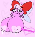  &lt;3 &lt;3_eyes absurd_res big_bow big_breasts bodily_fluids breasts cat_smile curled_hair fairy fan_character female genitals hair heart_print hi_res huge_breasts hyper hyper_breasts insect_wings lactating onyx666 pink_body plump_labia pussy solo waddling_head wings 