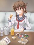  1girl alcohol anti_(untea9) bottle cup drinking_glass eating food highres holding holding_cup inazuma_(kancolle) kantai_collection shaded_face sitting solo sushi 