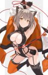  1girl animal_ears breasts cat_ears cat_girl cat_tail closed_mouth gloves highres jacket light_brown_hair looking_at_viewer ohta_yuichi original revealing_clothes ribbon tail thighs yellow_eyes 