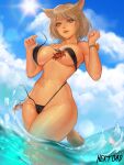 1girl animal_ears artist_name assisted_exposure bare_shoulders blonde_hair blue_eyes blush braid braided_bangs breasts cameltoe cloud cloudy_sky collarbone cowboy_shot crab fangs final_fantasy final_fantasy_xiv flower from_below hands_up large_breasts lips medium_hair miqo&#039;te narrow_waist navel nextoad ocean open_mouth revealing_clothes sky slingshot_swimsuit sun swimsuit tail wading wet wide_hips wristband 