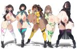  5girls :d areolae ascot between_breasts black_hair black_legwear blue_eyes blush boots bow bowtie breastless_clothes breasts bridal_gauntlets brown_hair contrapposto curvy dark-skinned_female dark_skin drooling eyebrows_visible_through_hair eyes_visible_through_hair fang gigantic_breasts glasses green_legwear grey_eyes grey_legwear hair_over_eyes hair_over_one_eye hand_on_hip headset highres huge_breasts jewelry konoshige_(ryuun) large_areolae leotard light_brown_hair lineup long_hair multicolored_hair multicolored_nails multiple_girls necktie nipple_piercing nipples one_eye_closed orange_hair original partially_visible_vulva piercing puffy_sleeves pussy_juice pussy_juice_stain red-framed_eyewear red_eyes revealing_clothes ring sagging_breasts saliva saliva_trail short_hair shrug_(clothing) side_ponytail skin_fang skindentation smile streaked_hair sweat thick_eyebrows thick_thighs thighhighs thighs tongue tongue_out twintails v v_arms very_long_hair white_legwear yellow_legwear 