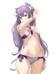  1girl absurdres alternate_hairstyle arm_up bikini bracelet breasts covering_mouth flower genshin_impact hair_between_eyes hair_cones hair_flower hair_ornament highres jewelry keqing_(genshin_impact) long_hair looking_at_viewer medium_breasts navel purple_bikini purple_eyes purple_hair side-tie_bikini solo swimsuit user_smuw2428 white_background 